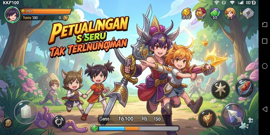 Tangkapan layar gameplay KPK100 menampilkan pertarungan karakter Anime.