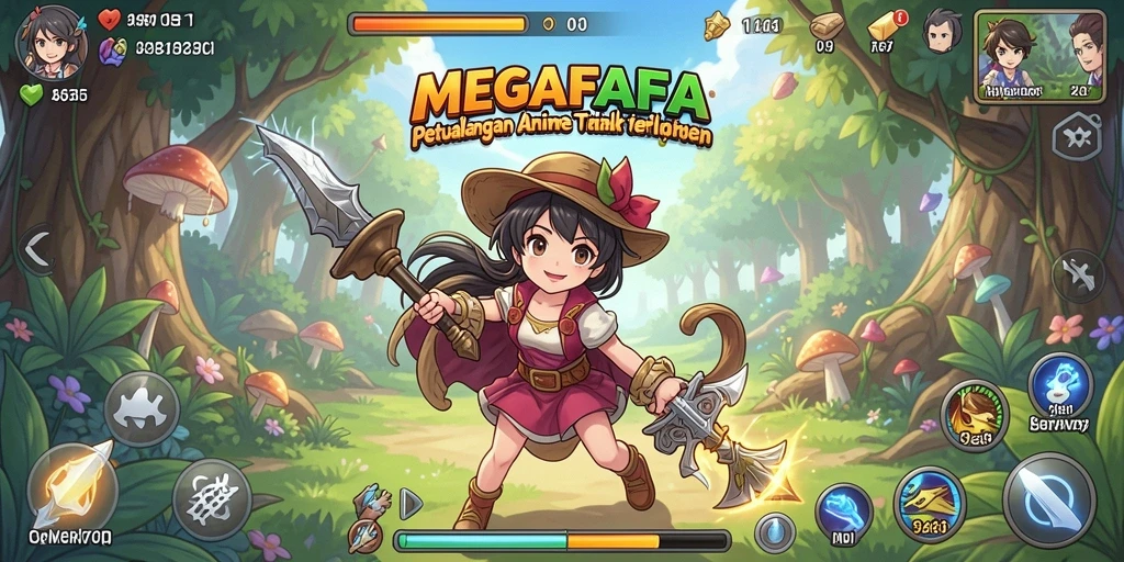 Screenshot gameplay MEGAFAFA yang penuh aksi dan karakter anime.