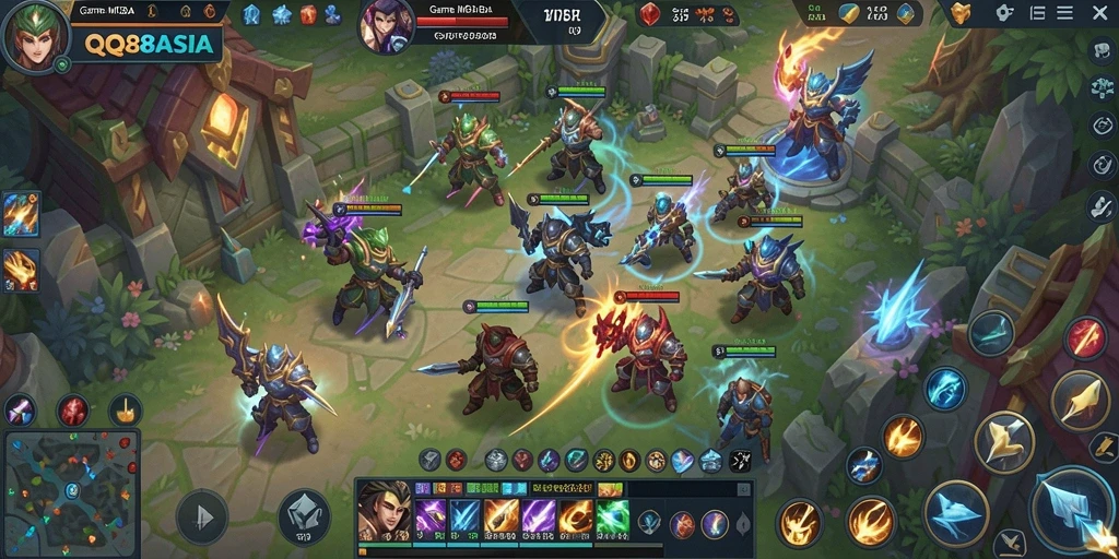Screenshot gameplay QQ88ASIA menampilkan pertempuran seru antara karakter-karakter unik.