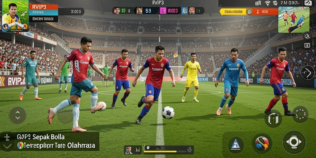 Screenshot gameplay menampilkan aksi seru dalam pertandingan sepak bola.